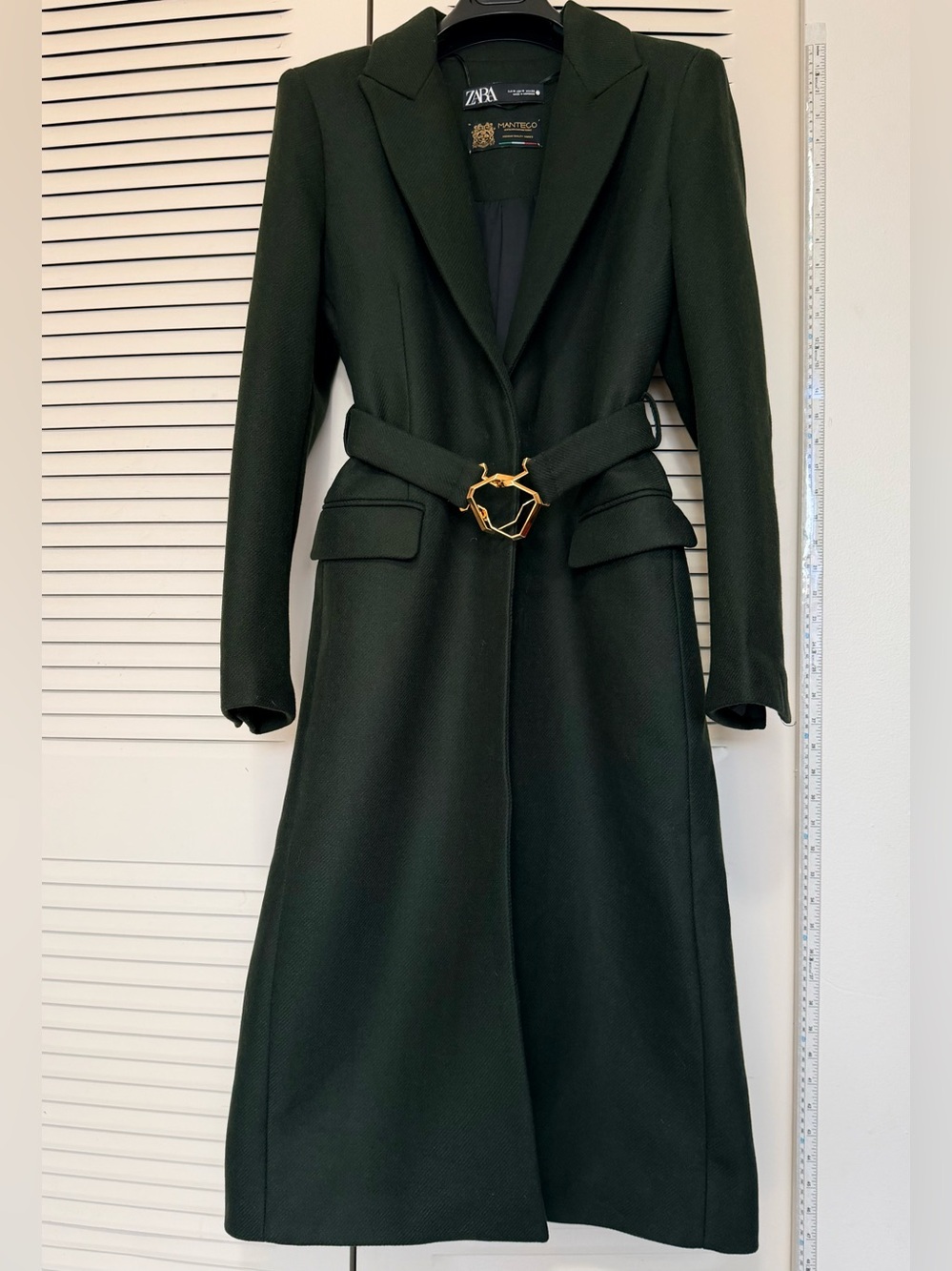 ZARA Dark Green Long Belted Trench Coat with Gold Buckle